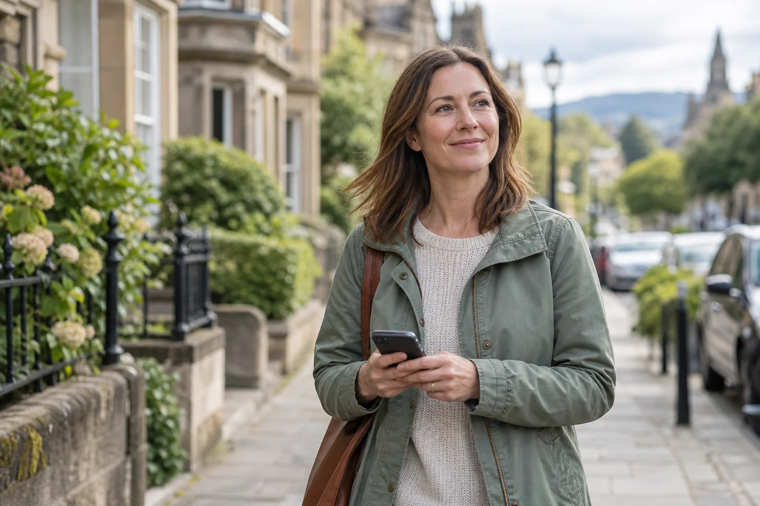 Woman holding a smartphone on a leafy Scottish street