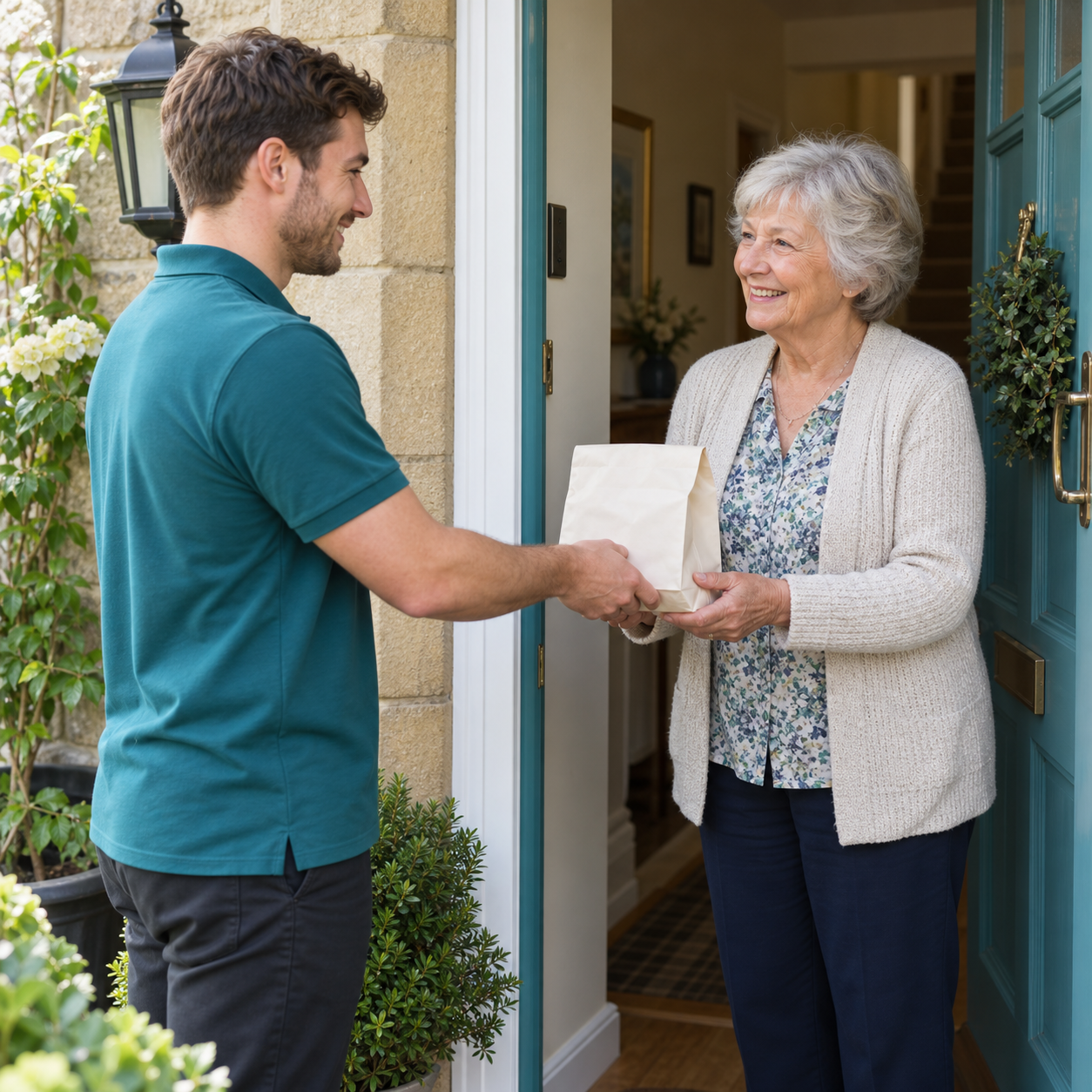 A discreet pharmacy delivery handed to a woman at her front door