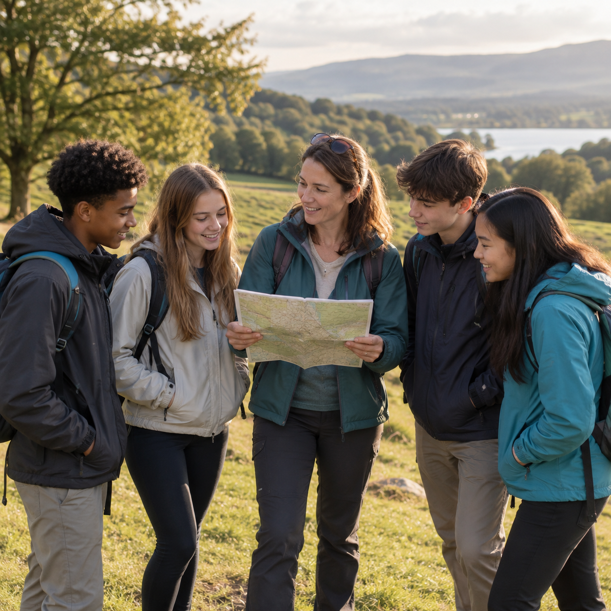 A teacher and pupils with backpacks planning a group trip outdoors